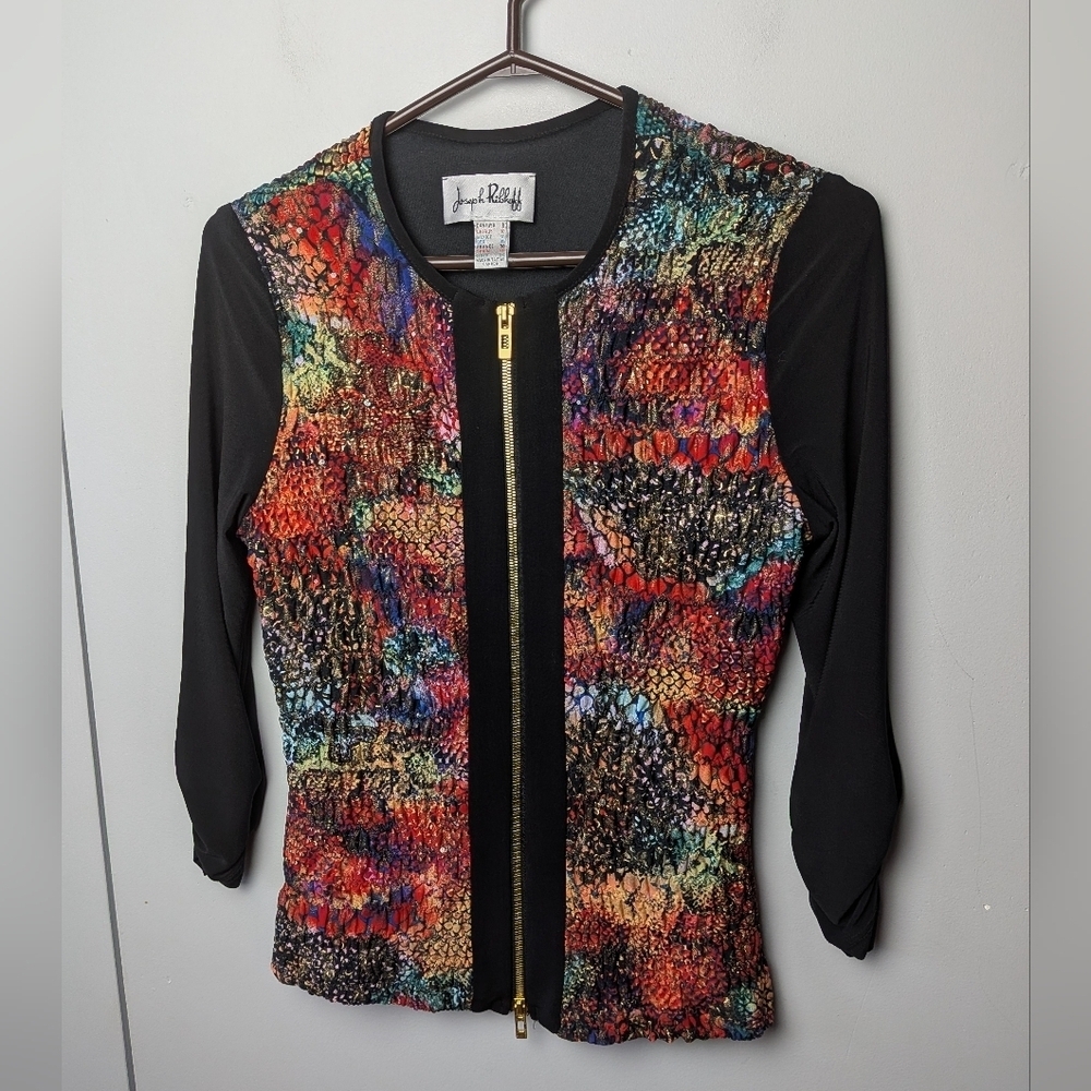 JOSEPH RIBKOFF Women Full Zipper Top 3/4 Sleeves Colorful Size 8 Made In Canada